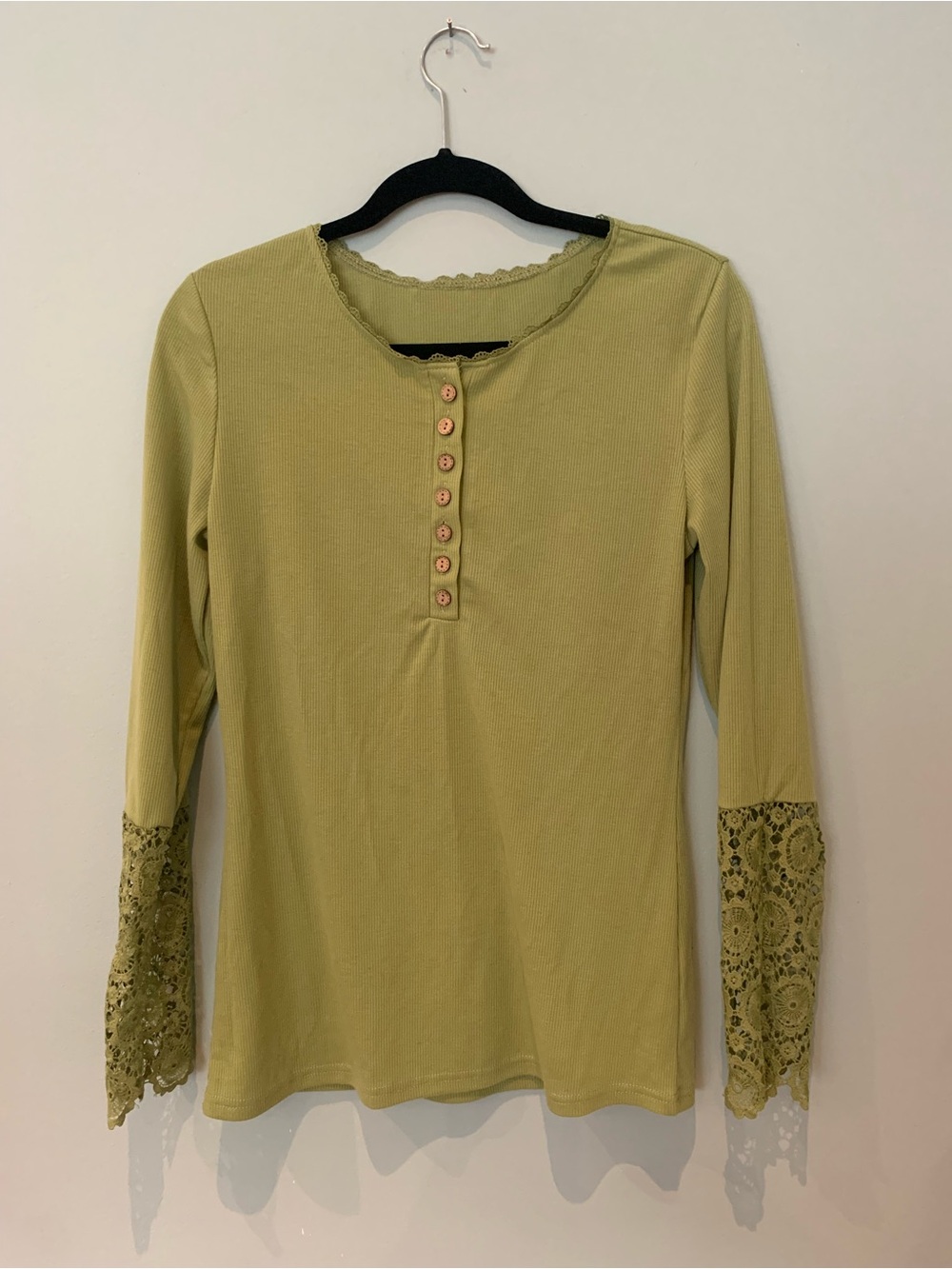 Source Unknown Olive Green Lace-Cuff Henley Long Sleeve Top